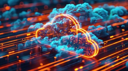 glowing orange cloud icon surrounded by floating blue digital clouds over an abstract digital circuit board with orange light trails conveying high-tech cloud computing and data flow
