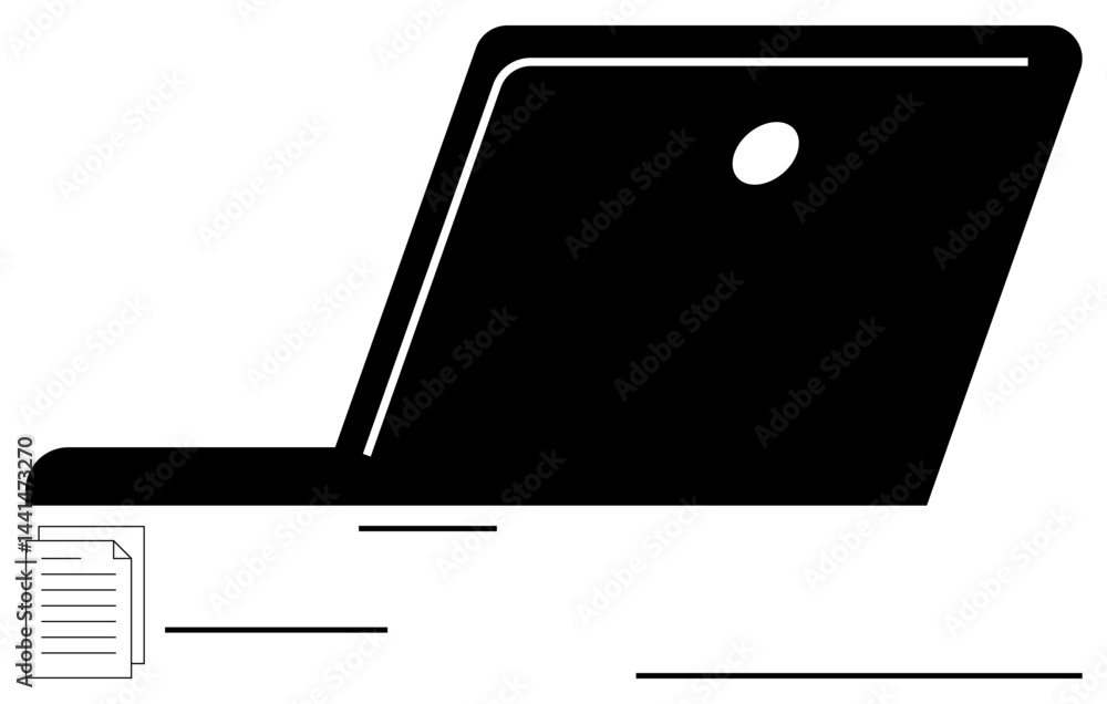 Poster glossy black laptop angled open alongside moving document and horizontal lines denoting speed. ideal