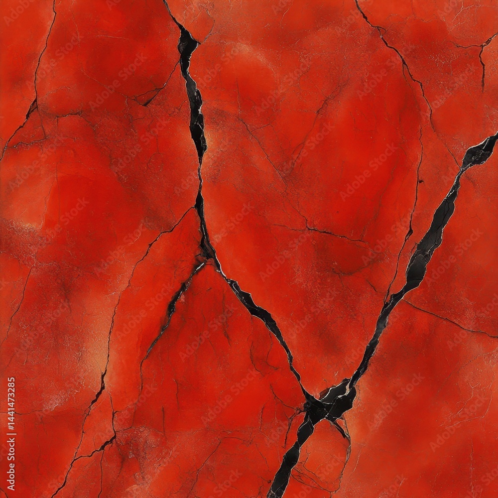 Poster captivating close up of a cracked red surface offering a textured abstract design with black fissure