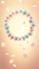 Obraz premium Soft pastel flower petals forming a circular frame, fluttering lightly against a warm peach gradient background, creating a soothing botanical animation