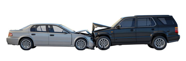 Car Crash Collision: Two vehicles, a silver sedan and a black SUV, are involved in a serious collision, showcasing significant front-end damage.