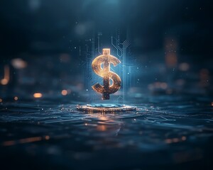 Golden dollar sign, futuristic digital design