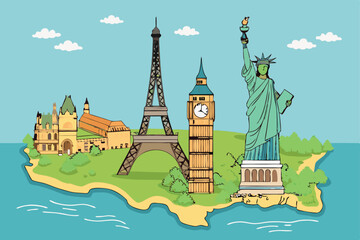 Create a whimsical cartoon vector map featuring iconic landmarks like the Eiffel Tower, Big Ben, and the Statue of Liberty, rendered in vibrant, playful colors.
