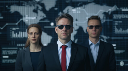 Global Security Team: A team of three security professionals, a woman and two men, stand before a screen displaying global financial information.