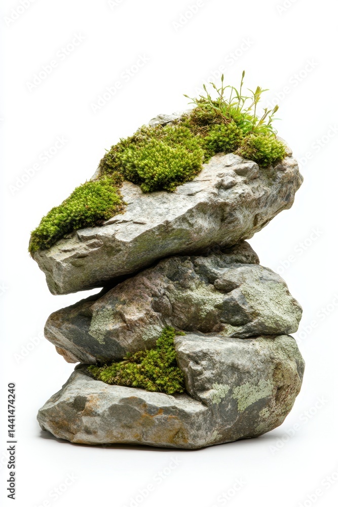 Poster stacked stones adorned with vibrant moss against a pristine white backdrop creating a serene natural