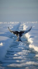Whale tail dives into cold arctic sea, surrounded by ice sheets and ocean. Wildlife concept use