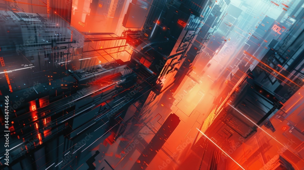 Poster abstract digital shape and particle technological cyber style design connecting become system shape 