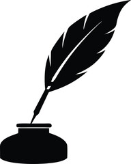 Feather quill pen with ink pot silhouette vector