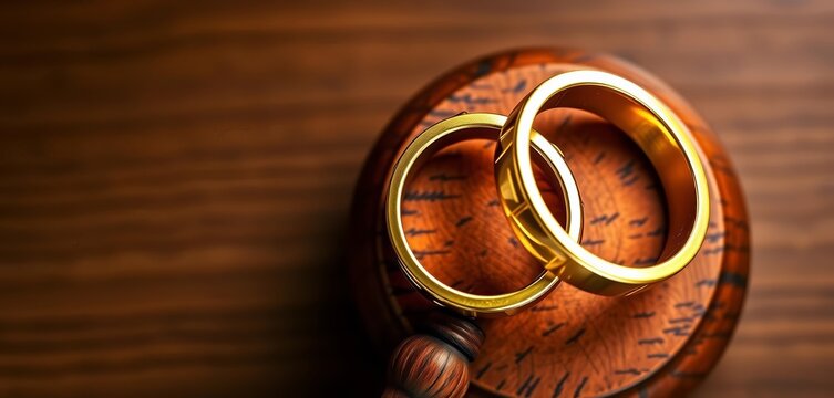 Overhead view of two golden rings atop a wooden gavel, agreement, parting