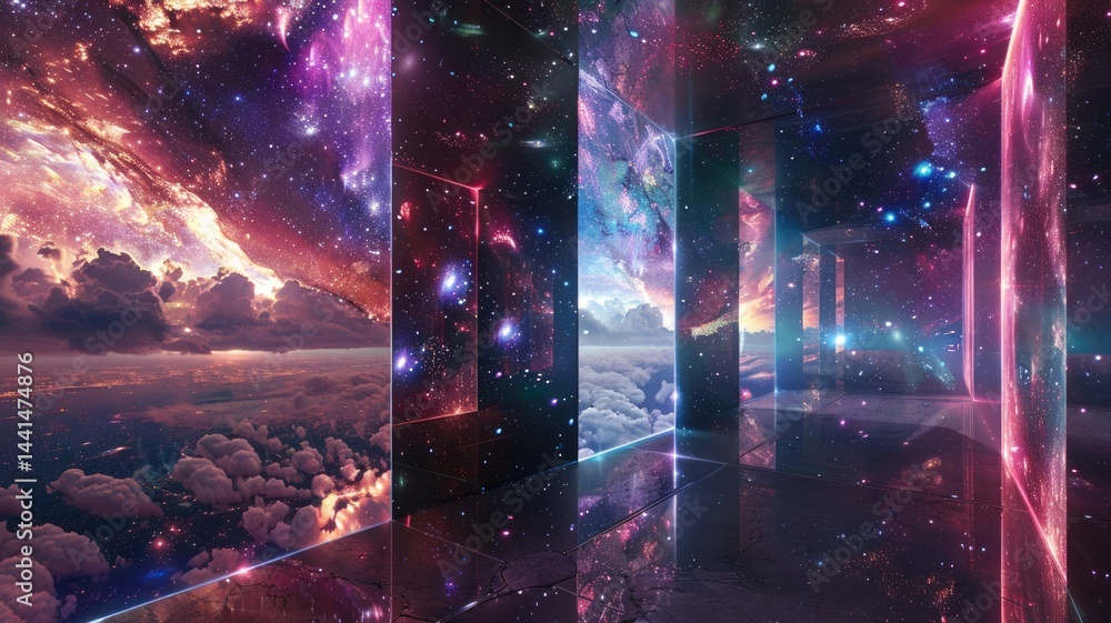 Poster abstract glowing cube structure in a sci fi landscape at sunset. digital artwork of 3d rendering cub
