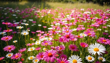 Obraz premium Panoramic view of a sunlit meadow bursting with vibrant pink and white wild daisies, banner, countryside