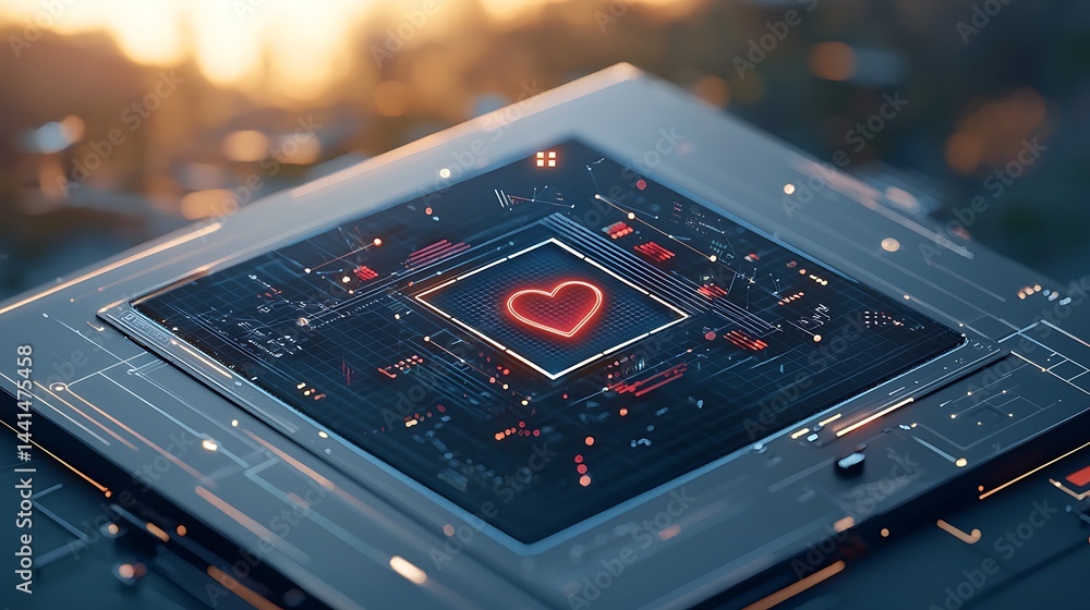 Poster tech heart icon on microchip, glowing red, futuristic data concept