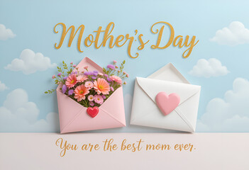 Lovely Mother's Day Illustration with Golden Script, Pink and White Envelopes with Hearts, and Colorful Flowers on a Soft Blue Sky Background, Expressing Love for the Best Mom Ever.


