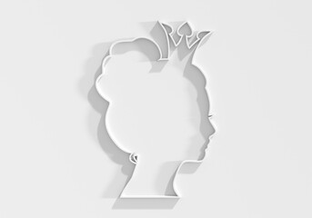 Profile view silhouette of a princess or queen. Cute girl portrait. Fashion branding emblem. 3D render