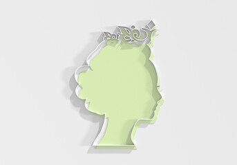 Profile view silhouette of a princess or queen. Cute girl portrait. Fashion branding emblem. 3D render