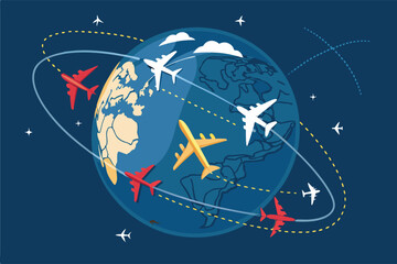 Create a vibrant vector illustration of a spinning globe with airplanes encircling it, symbolizing global air travel and connectivity.  Focus on a clean, modern aesthetic.