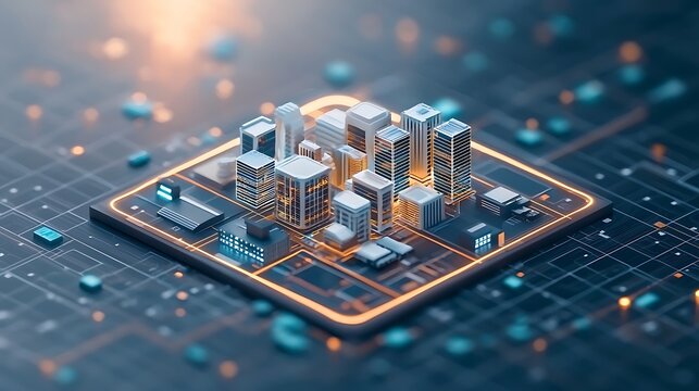 Miniature futuristic city model on a glowing circuit board, digital concept