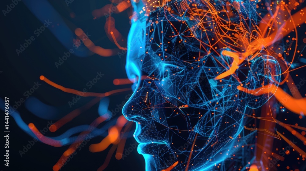 Aufkleber abstract digital faces with glowing blue and orange lines facing each other. digital artwork of face