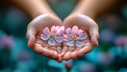 Delicate pink blossoms cupped gently in hands