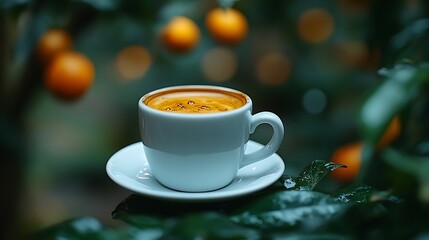 Fototapeta premium Espresso cup on leaves, blurred citrus fruits