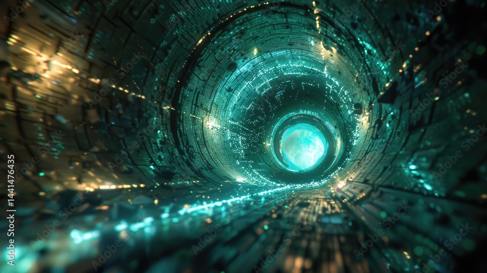 Poster abstract futuristic tunnel with glowing green digital elements. digital artwork of portal with glowi