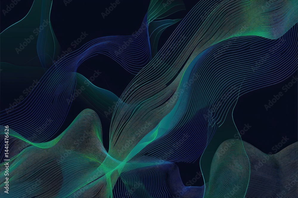 Poster abstract dark background with green and blue wavy lines. background image of green and blue digital 