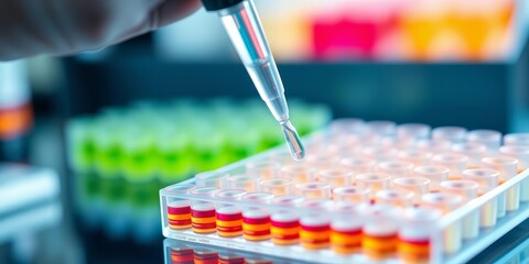 Precise pipette dispensing clear liquid into microplate, low angle view,  low angle, experiment