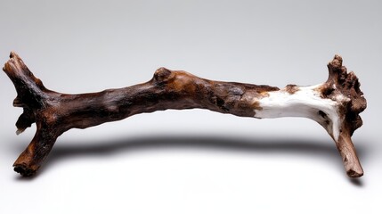 Fototapeta premium Natural gnarled tree branch with one end painted white resting on a plain white studio background.