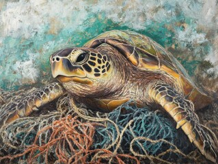 Captivating oil painting of a sea turtle entangled in ocean plastic debris a poignant representation of marine pollution and environmental awareness in artistic style