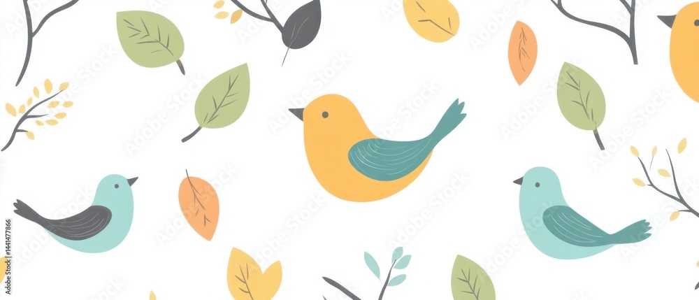 Aufkleber charming whimsical pattern of colorful birds and leaves on a white background creating a cheerful an