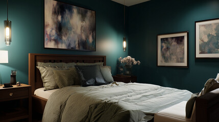 Dark blue green paint in a serene bedroom luxury bed
