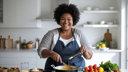 Happy Fat woman cooking a meal in a modern kitchen.