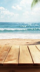Fototapeta premium Captivating beach scene with wooden table foreground evoking summer vacation relaxation and tropical paradise atmosphere perfect for travel and lifestyle photography