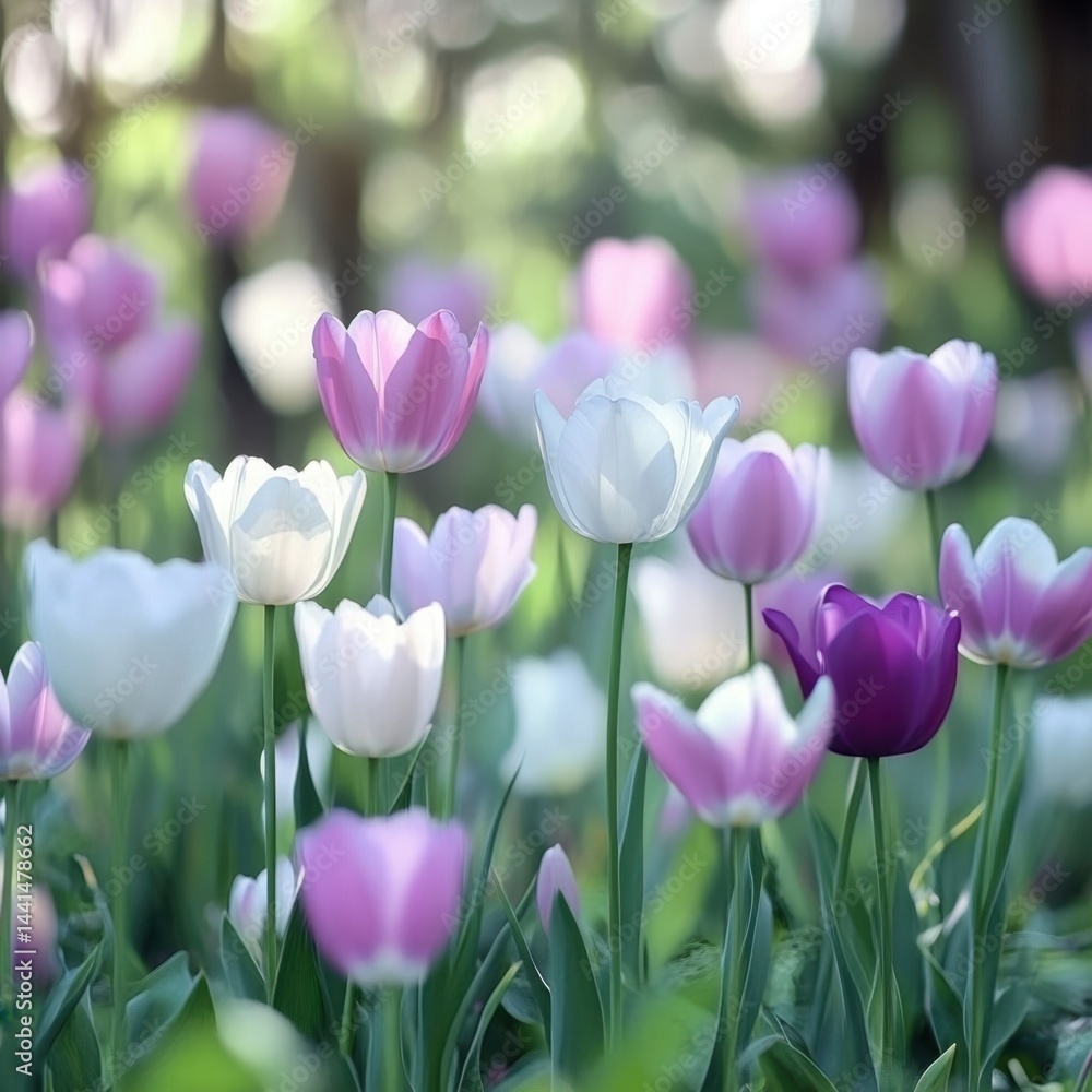 Poster serene tulip garden with vibrant colors soft light and bokeh background capturing the essence of spr