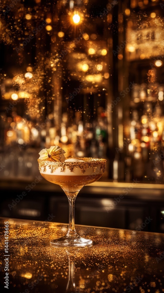 Poster sparkling golden cocktail on bar counter with physalis garnish and shimmering bokeh background elega