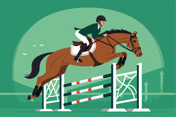 Create a vector illustration of a solid brown horse executing a jump in an equestrian competition.  The style should be clean and solid, emphasizing the horse's powerful form.