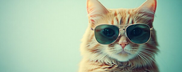 Fototapeta premium Stylish ginger cat wearing sunglasses against a pastel backdrop.