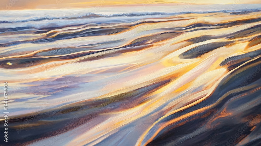Poster a beautiful painting illustrating a sunset with flowing abstract light patterns in warm color tones,
