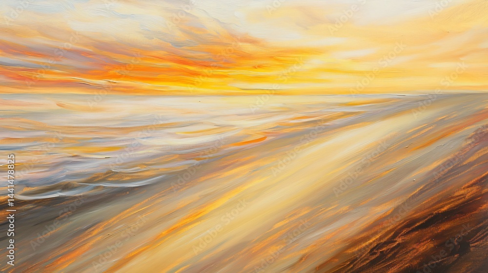 Poster stunning abstract painting of a dreamy sunset with flowing light patterns in warm colors creating a 