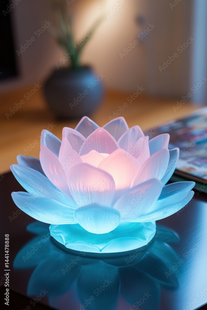 Poster illuminated lotus flower lamp casting a soft glow in a serene setting creating a tranquil atmosphere