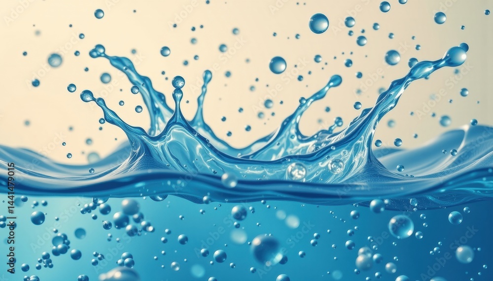 Poster water splash with bubbles creating a dynamic, refreshing effect.
