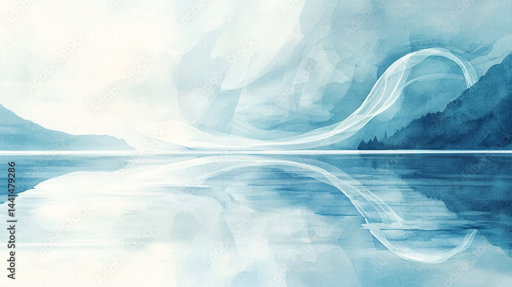 Poster scenic lake with a majestic mountain rising in the background bathed in soft light with flowing abst