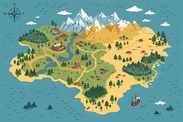 Create a detailed fantasy continent map showcasing diverse biomes towering mountains, sprawling forests, vast rivers, and vibrant coastal regions.  Include intricate details and a sense of scale.