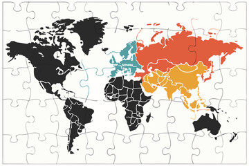 Create a flat vector illustration of interconnected puzzle pieces forming a continuous world map.  Focus on clean lines and vibrant color.