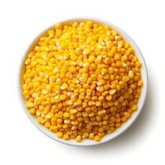 A bowl of yellow corn kernels on a white background