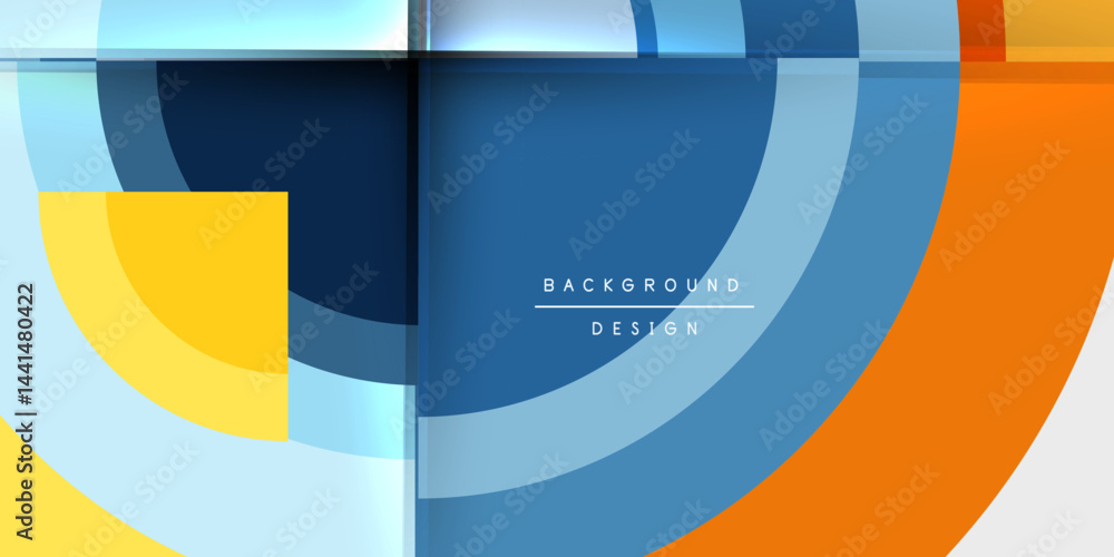 Poster Abstract geometric composition. Overlapping shapes create dynamic visual effect. Blue, orange, yellow hues dominate design. Modern aesthetic.