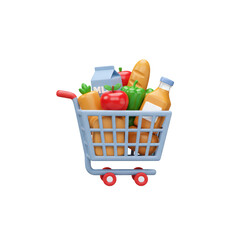 3D Render of a Shopping Cart Filled with Groceries