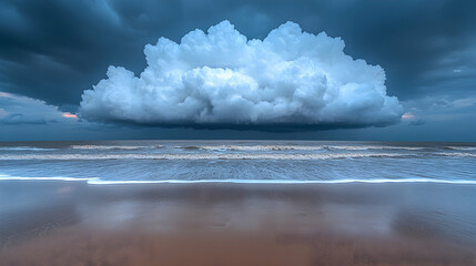 Dramatic coastal scene with a massive cumulonimbus cloud looming over a tranquil ocean and sandy beach.