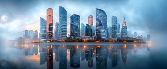Modern city skyline with gleaming skyscrapers reflected in tranquil water at dusk