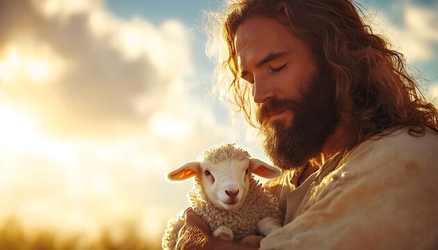 Man gently holds a lamb at sunset